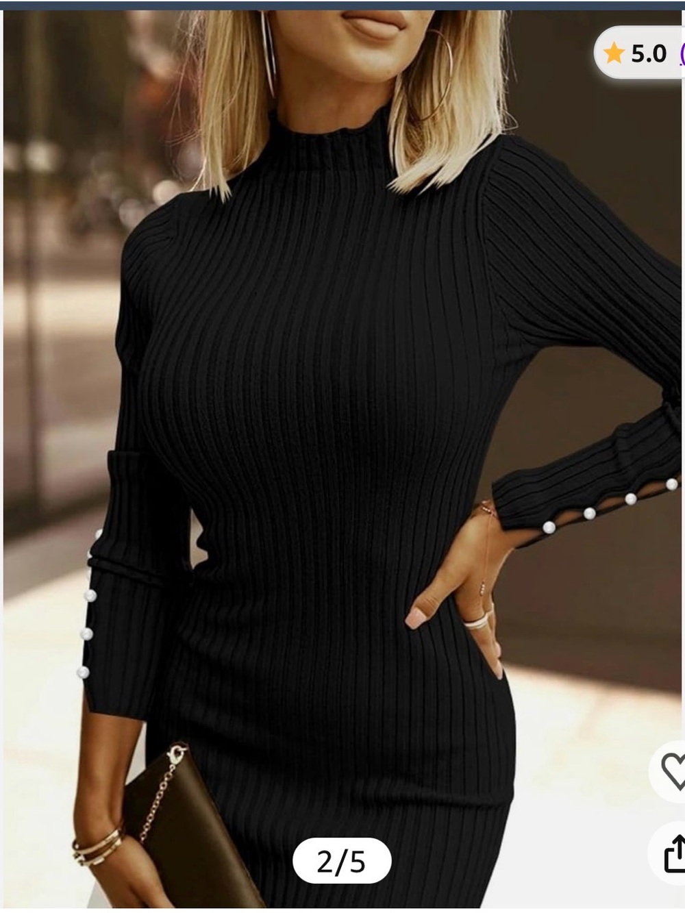 Black Ribbed Mock-Neck Bodycon Dress with Pearl-Sleeve Detail - Picture 2 of 4